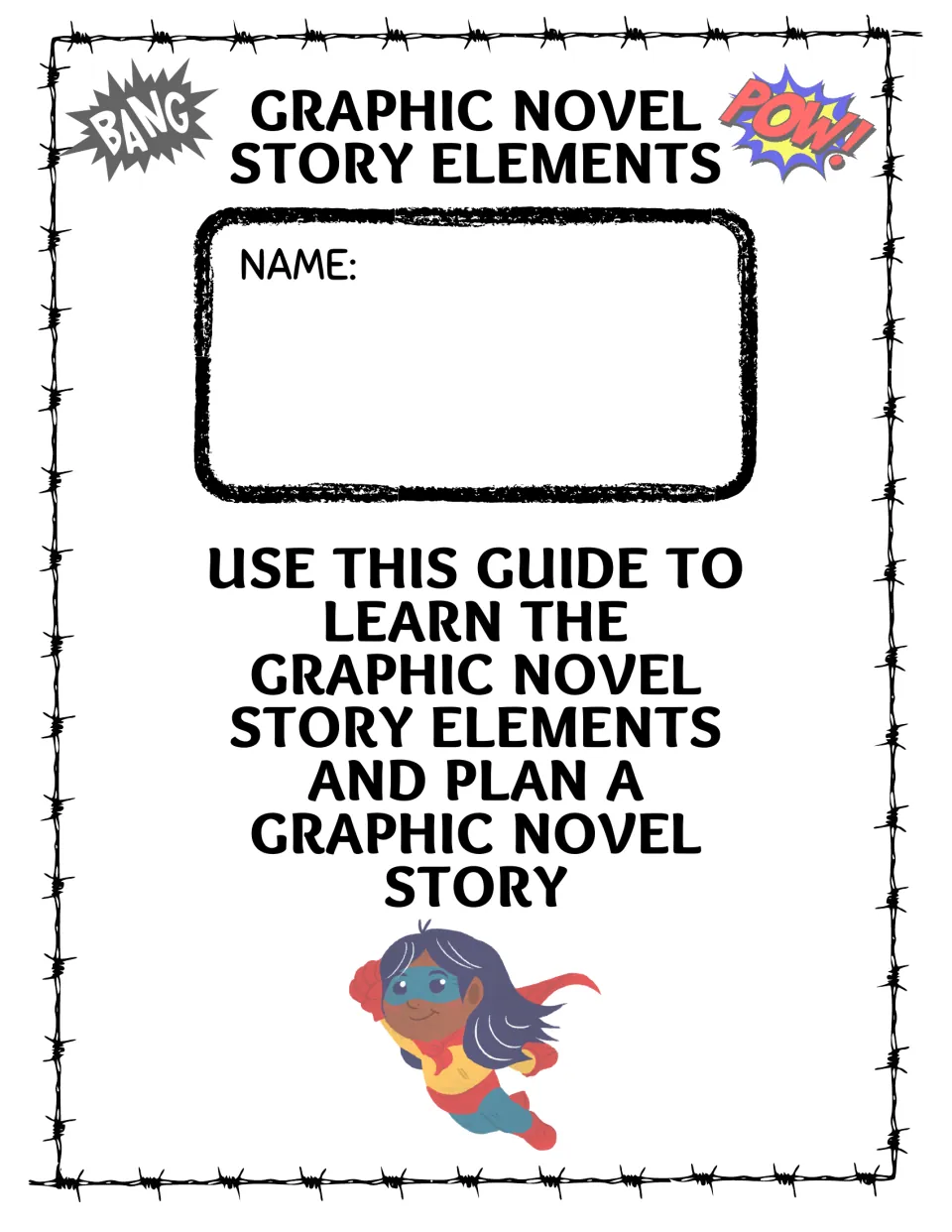 Graphic Novel Story Elements guide cover with a name space, BANG and POW bursts and a flying superhero illustration