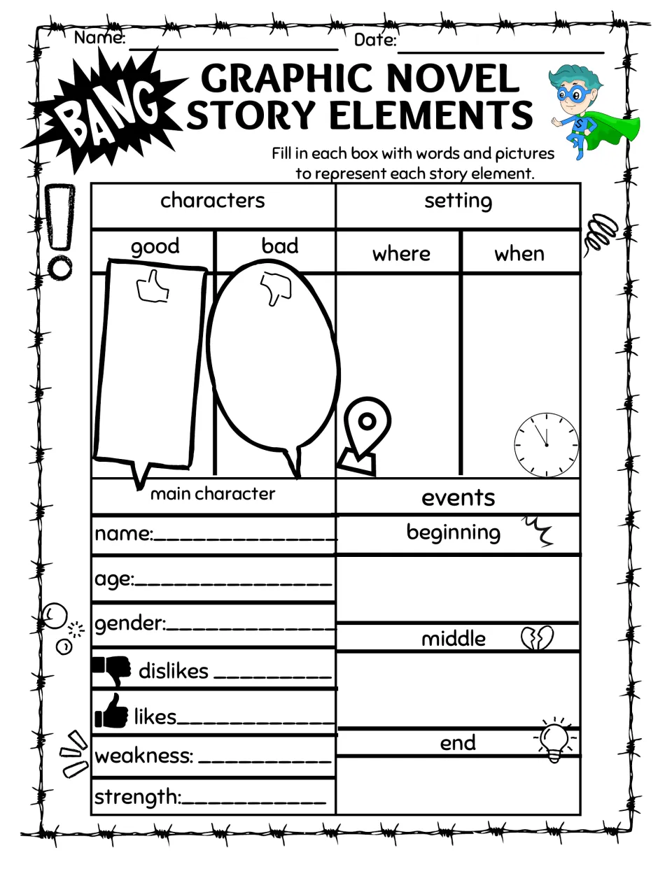 Story elements organizer: students draw and write good and bad characters, setting, main character traits and story events