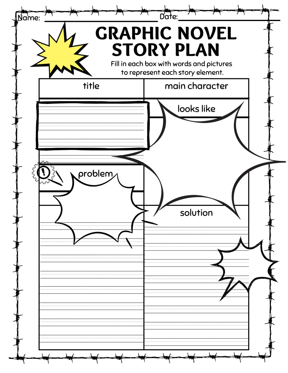 Graphic novel story plan: students sketch and write a title, what the main character looks like, the problem and solution