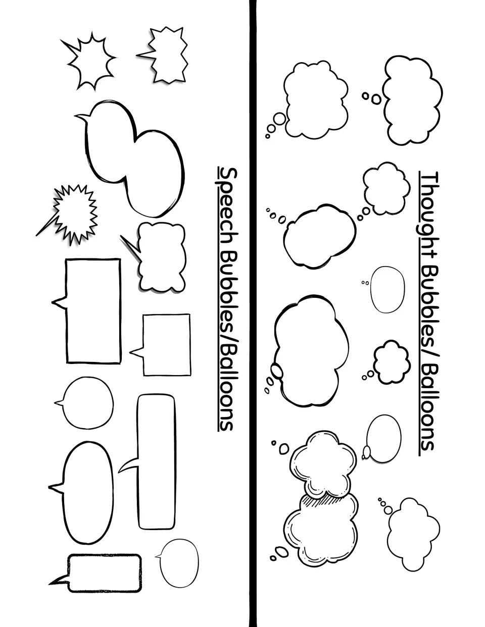 Comic dialogue reference: blank speech bubbles and thought bubbles in many shapes for students to compare and use in panels