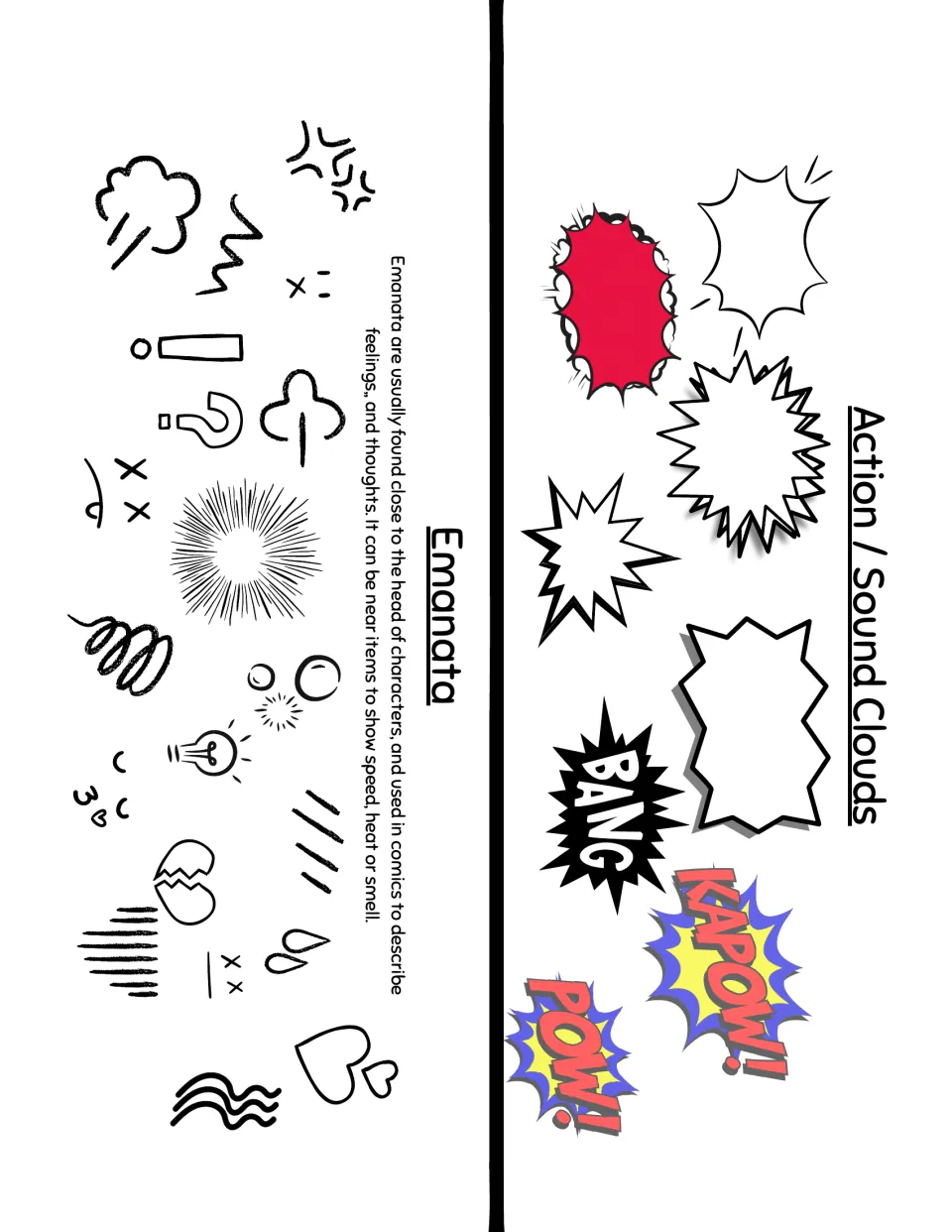 Action and sound clouds such as BANG, POW and KAPOW, plus emanata symbols that show feelings, speed, heat or smell