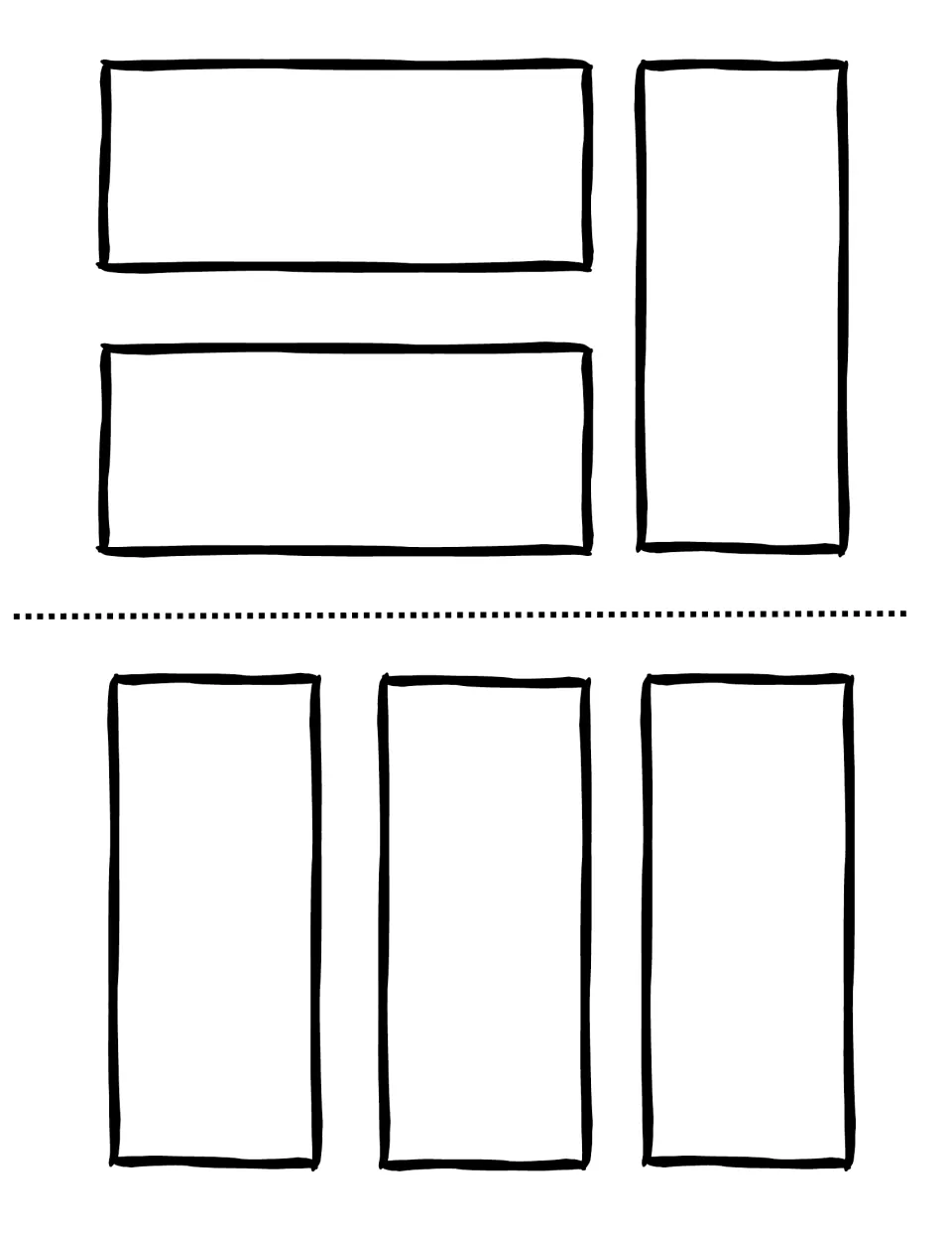 Blank comic panel template: three panels on the top half and three tall panels on the bottom half for drawing story scenes
