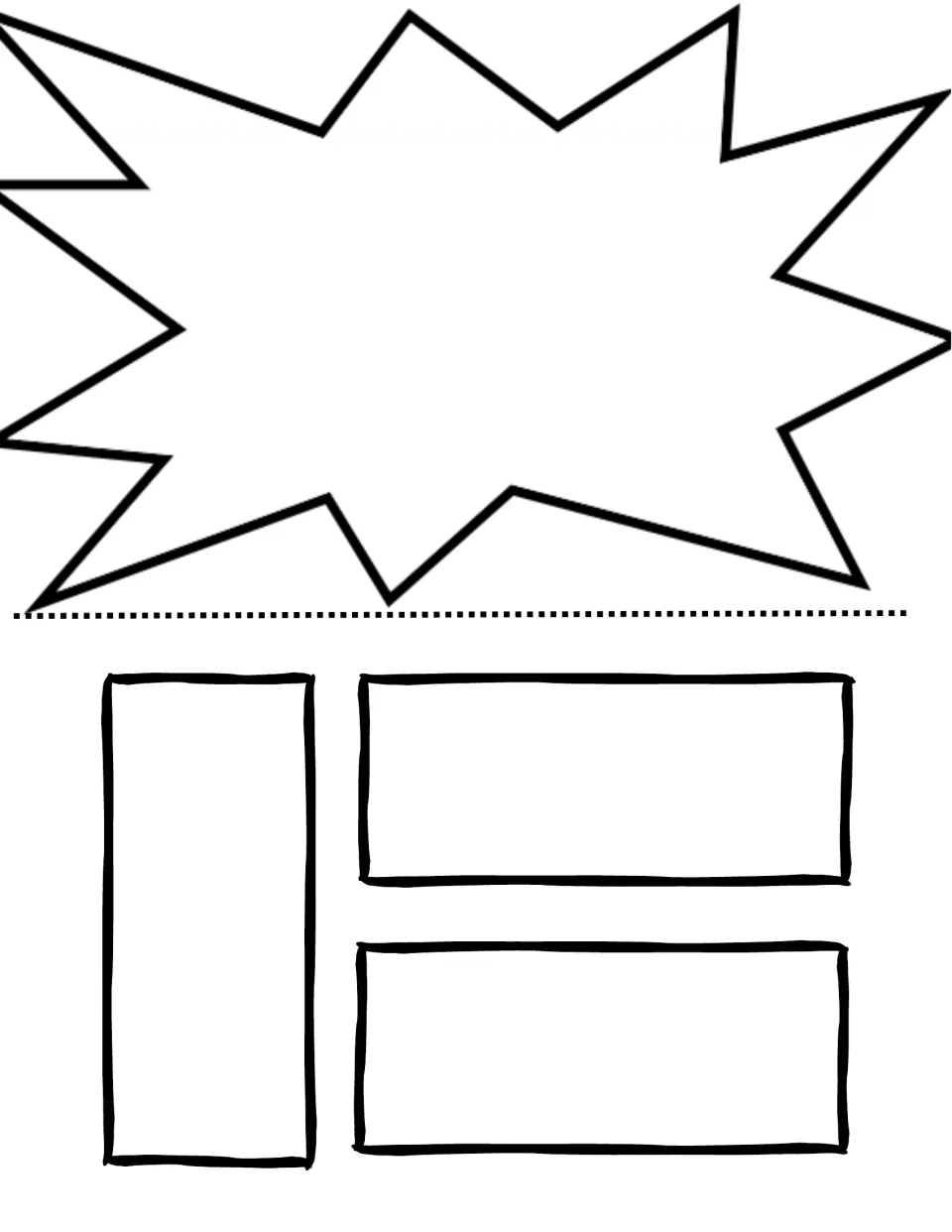 Comic panel template with a large starburst splash panel on top and three blank panels below for continuing the story