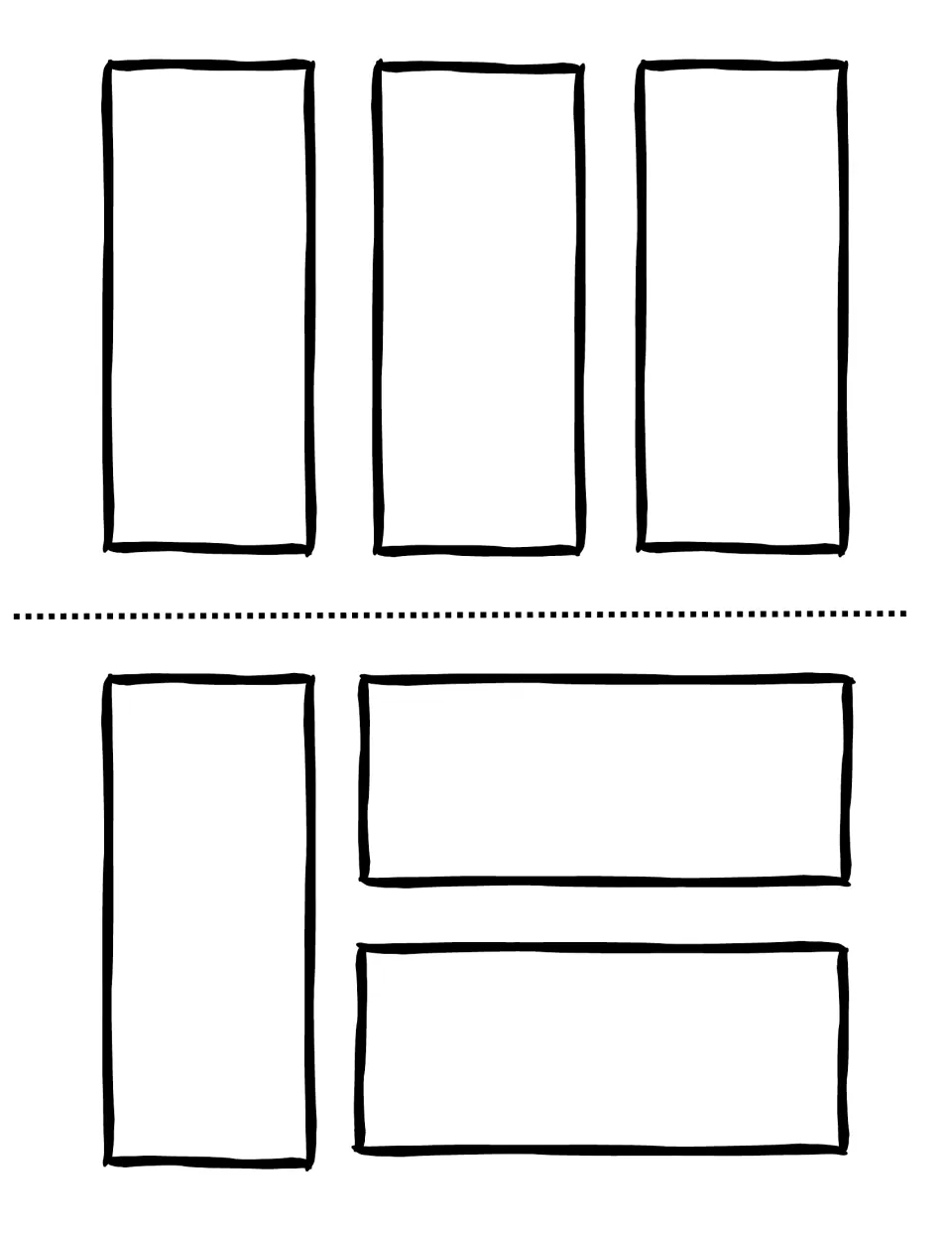 Comic panel template with three tall panels on top and one tall plus two wide panels below for drawing the next scenes