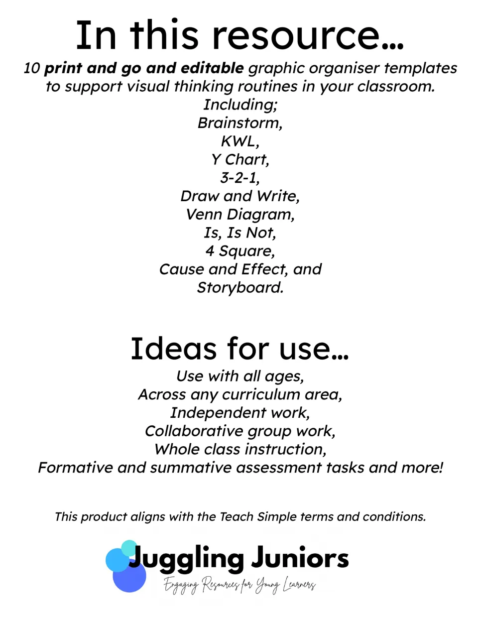 Contents and ideas for use: lists Brainstorm, KWL, Y Chart, 3-2-1, Venn Diagram, Is Is Not, 4 Square and more templates