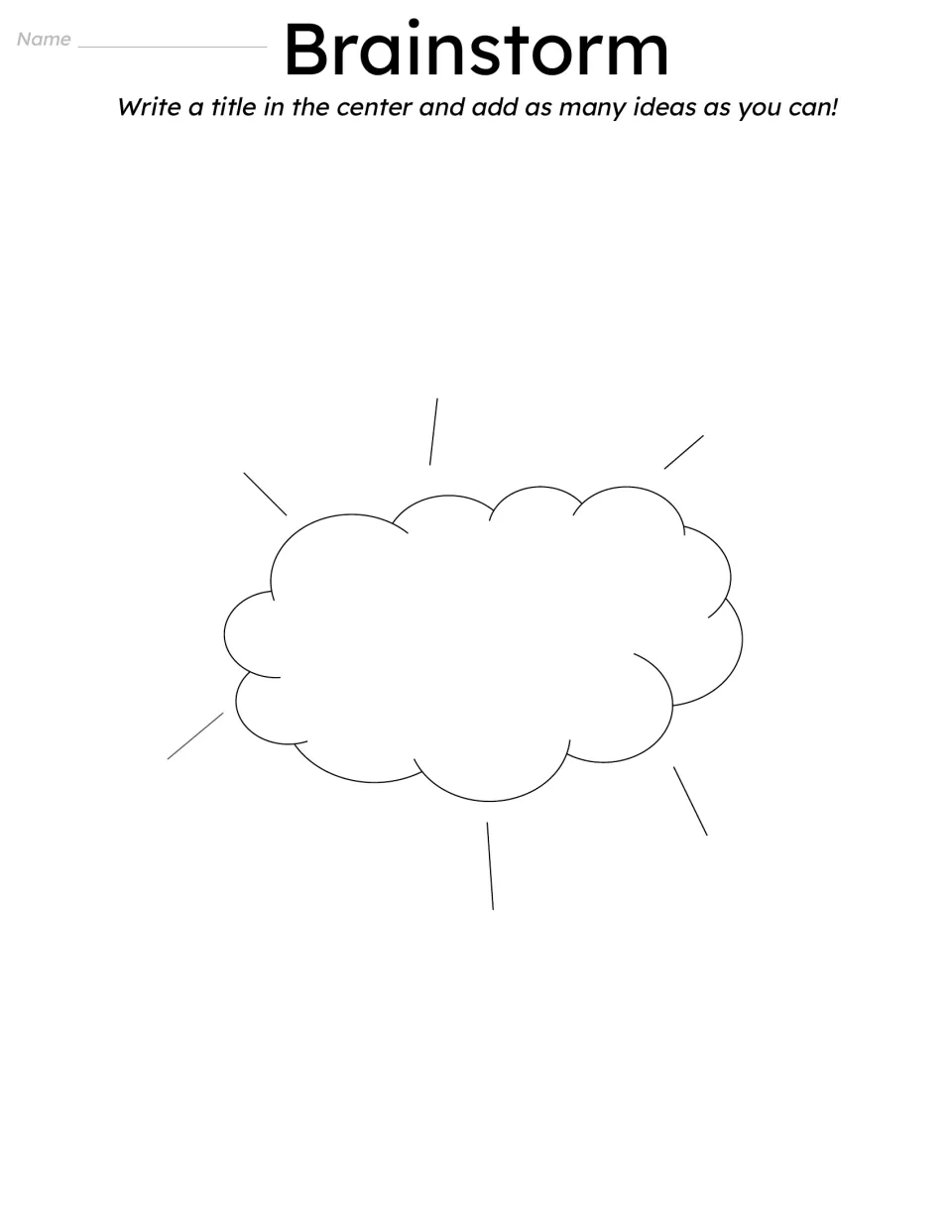 Brainstorm template: students write a title in the center cloud and add as many ideas as they can around it
