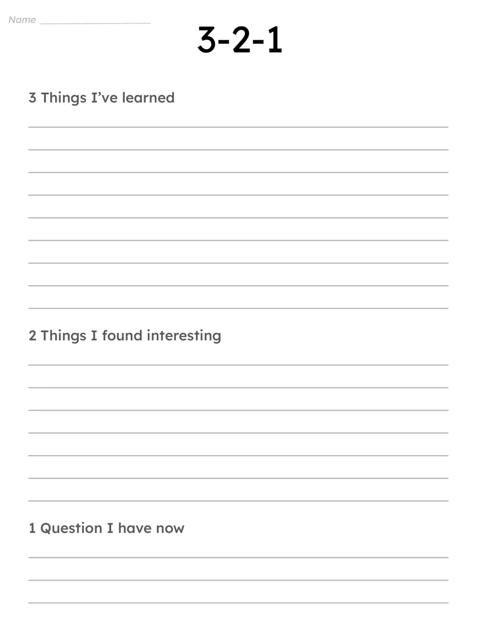 3-2-1 reflection: students write 3 things they've learned, 2 things they found interesting and 1 question they have now