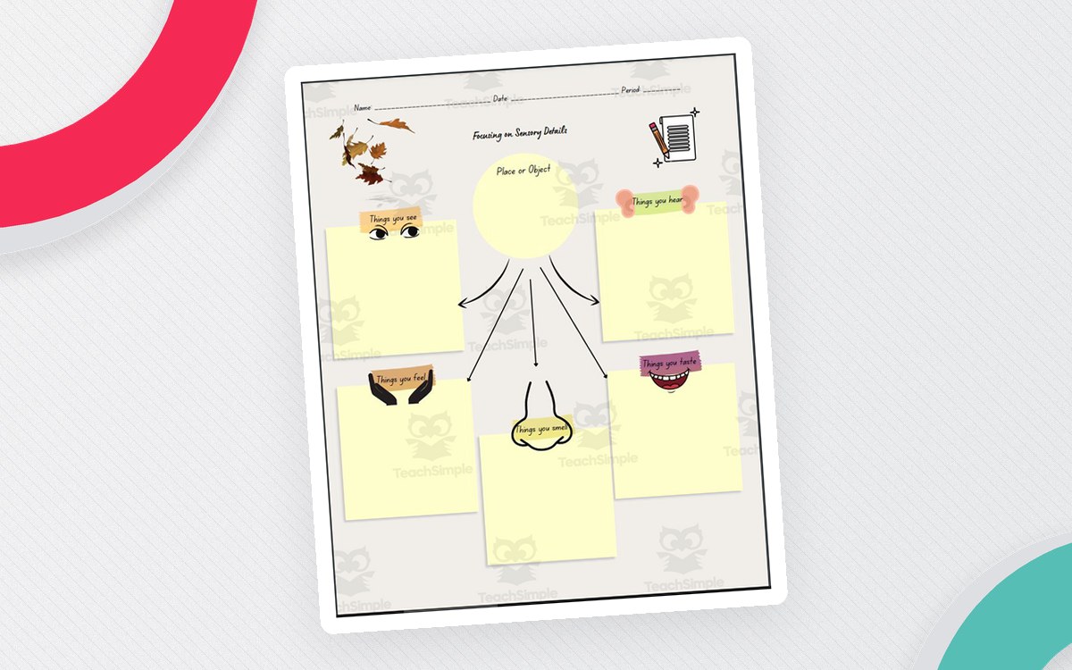 Focusing on Sensory Details organizer with a central Place or Object circle and five illustrated sense boxes.