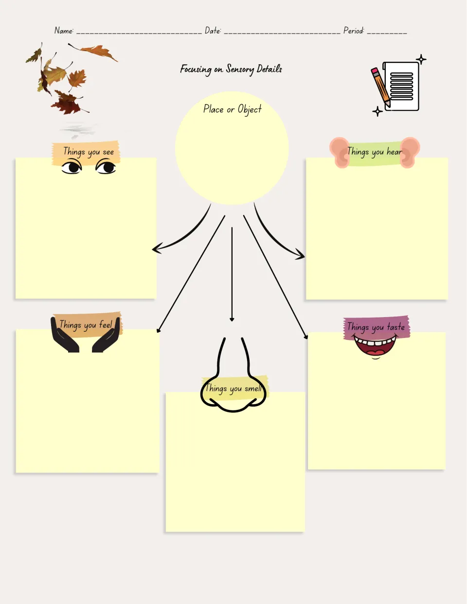Focusing on Sensory Details: students name a place or object, then list things they see, hear, feel, taste and smell