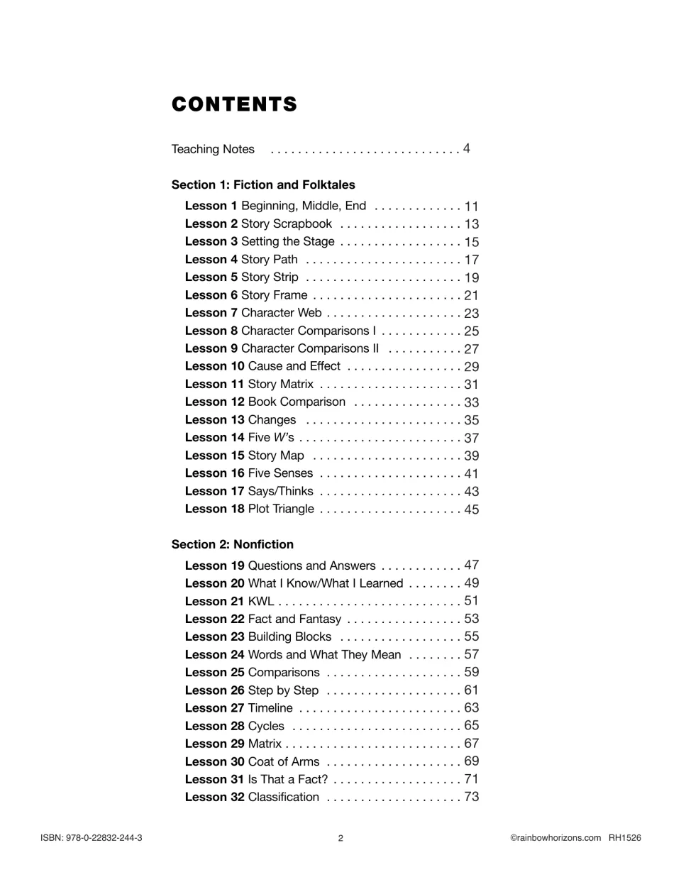 Contents of the lesson plans: Lessons 1-18 on fiction and folktales, such as Story Map, and Lessons 19-32 on nonfiction