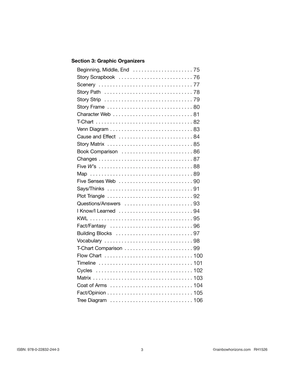 Contents for Section 3 printable organizers, including Story Path, Venn Diagram, T-Chart and Tree Diagram