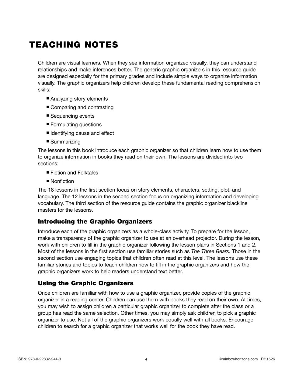 Teaching notes: target skills such as sequencing and cause and effect, plus introducing organizers to the whole class