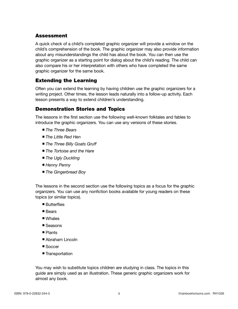 Notes on assessment and extending the learning, listing demonstration folktales like Henny Penny and nonfiction topics