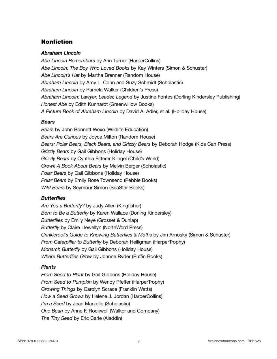Nonfiction book list with titles about Abraham Lincoln, bears, butterflies and plants, each with author and publisher