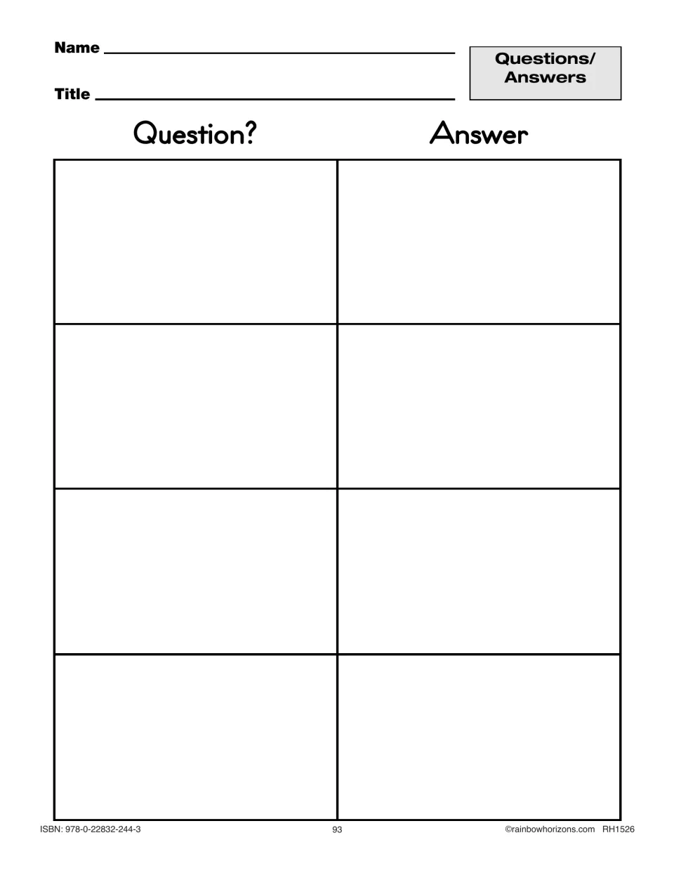 Questions/Answers organizer: students write the book title, then record four questions and the answer to each