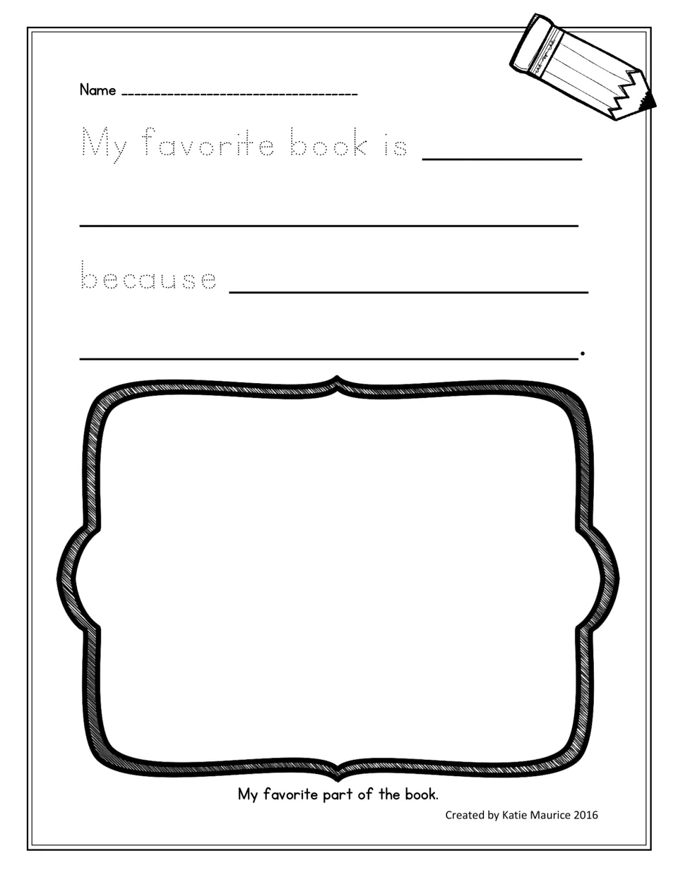Favorite-book writing organizer with traceable 'My favorite book is' and 'because,' plus a favorite-part drawing