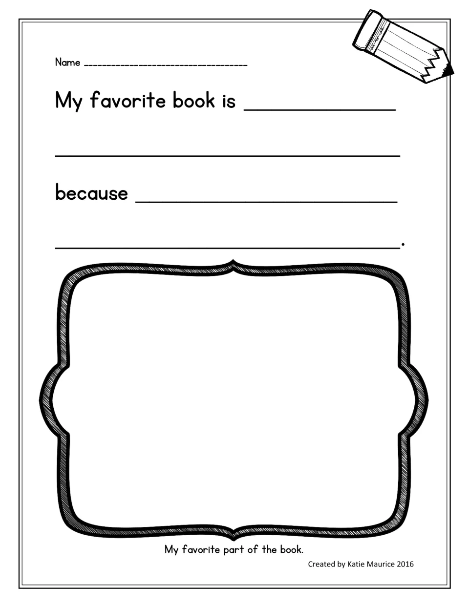 Favorite-book writing organizer with 'My favorite book is' and 'because,' plus a prompt to draw a favorite part