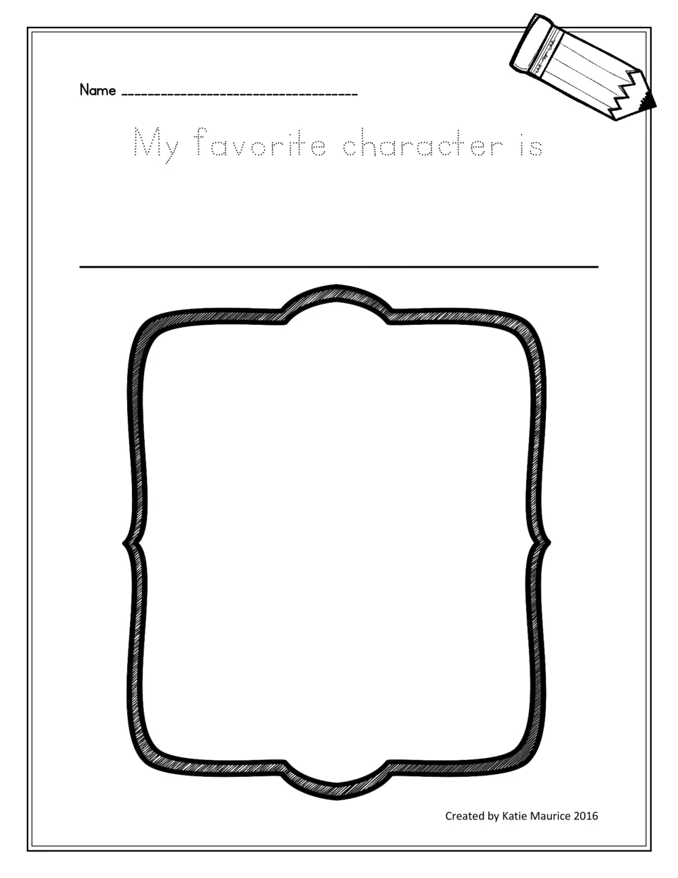Favorite-character writing organizer with traceable 'My favorite character is' and space to draw the character