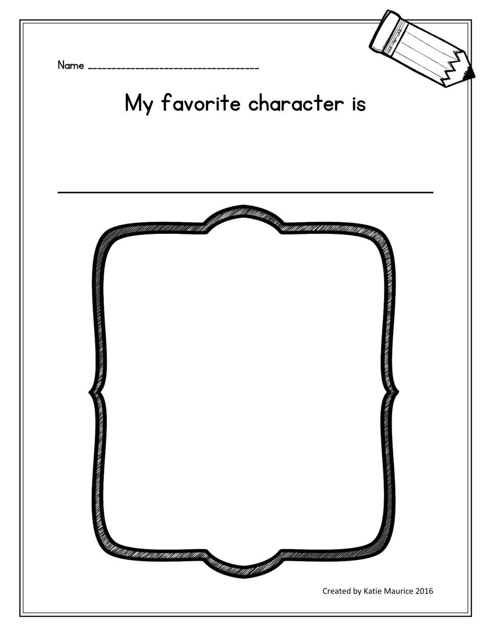 Favorite-character writing organizer with 'My favorite character is' in standard print and room for a drawing