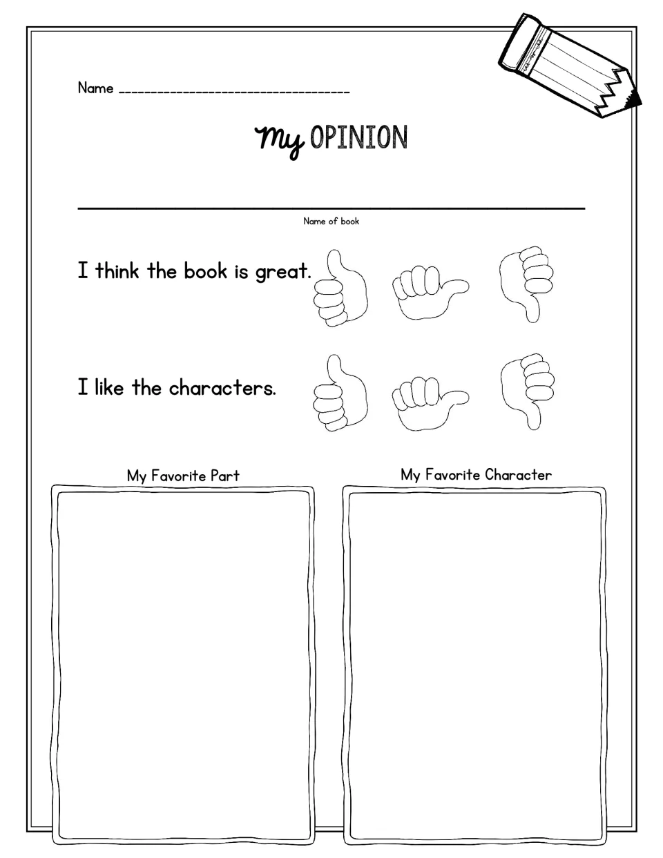 Book review organizer titled 'My Opinion' with thumb ratings and prompts for a favorite part and character