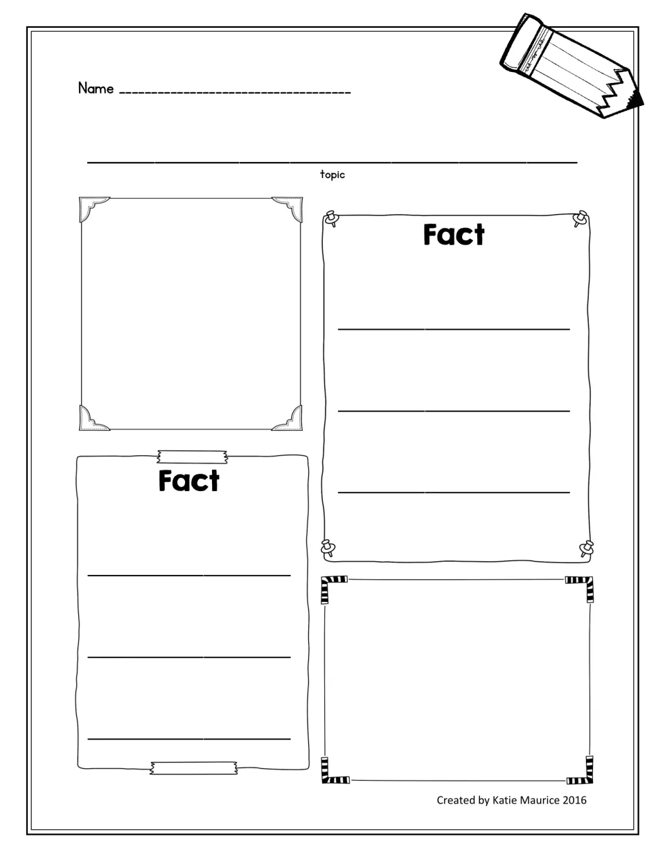 Nonfiction topic organizer for naming a topic, recording two facts, and drawing two related pictures