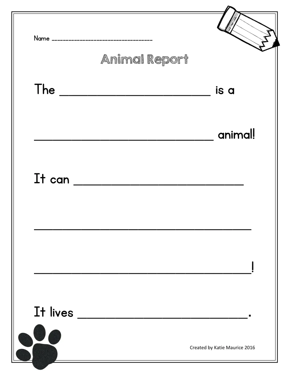 Animal report opening page asks students to name and describe an animal, tell what it can do, and where it lives