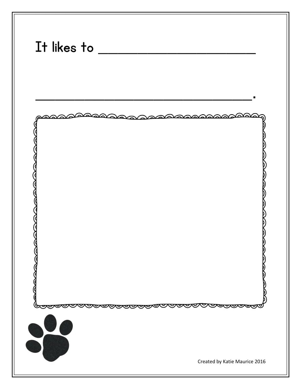 Animal report continuation includes 'It likes to' and a drawing area for a picture of the chosen animal