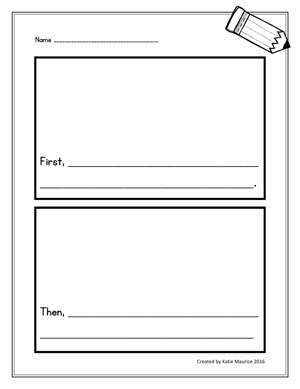 Sequencing organizer uses 'First' and 'Then' sentence starters with space to illustrate each event in order