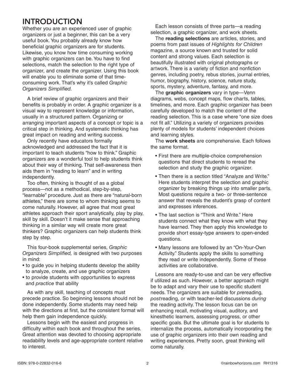 Introduction explaining each lesson's reading selection, graphic organizer and work sheets with Analyze and Write tasks