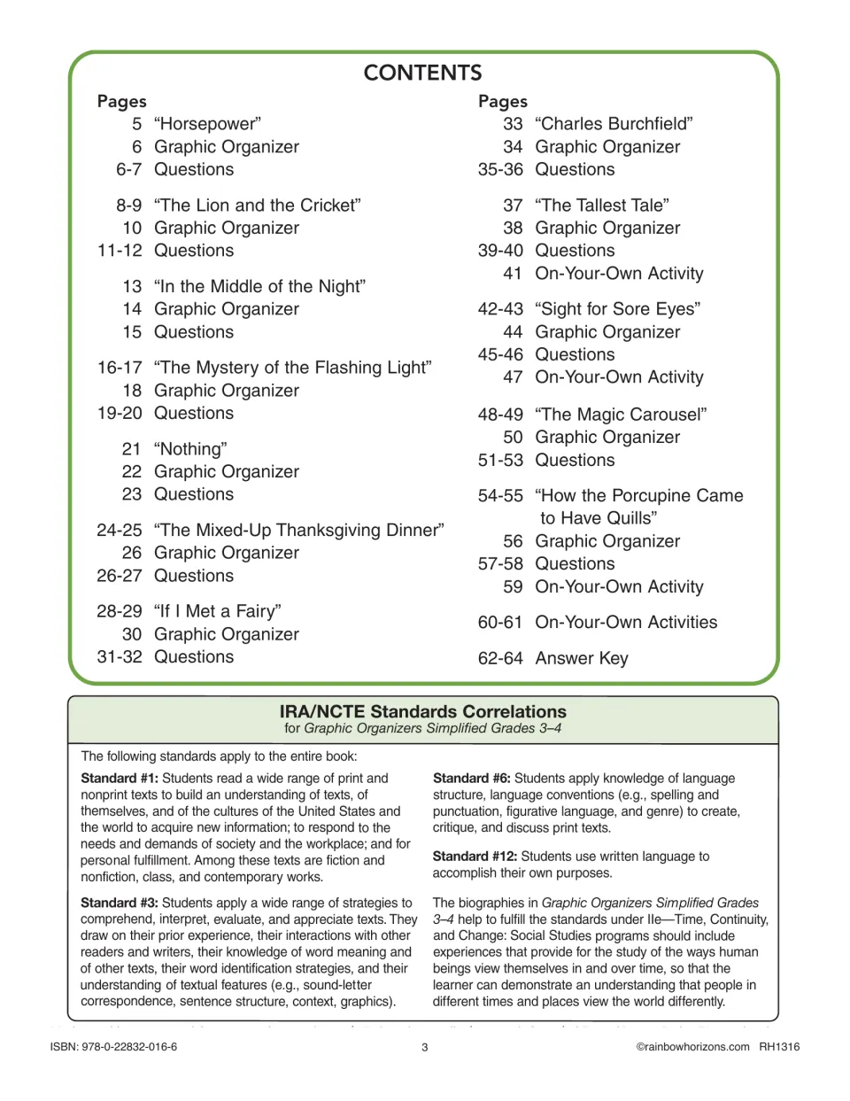 Contents listing 12 reading selections from Horsepower to the porcupine tale, plus IRA/NCTE standards correlations