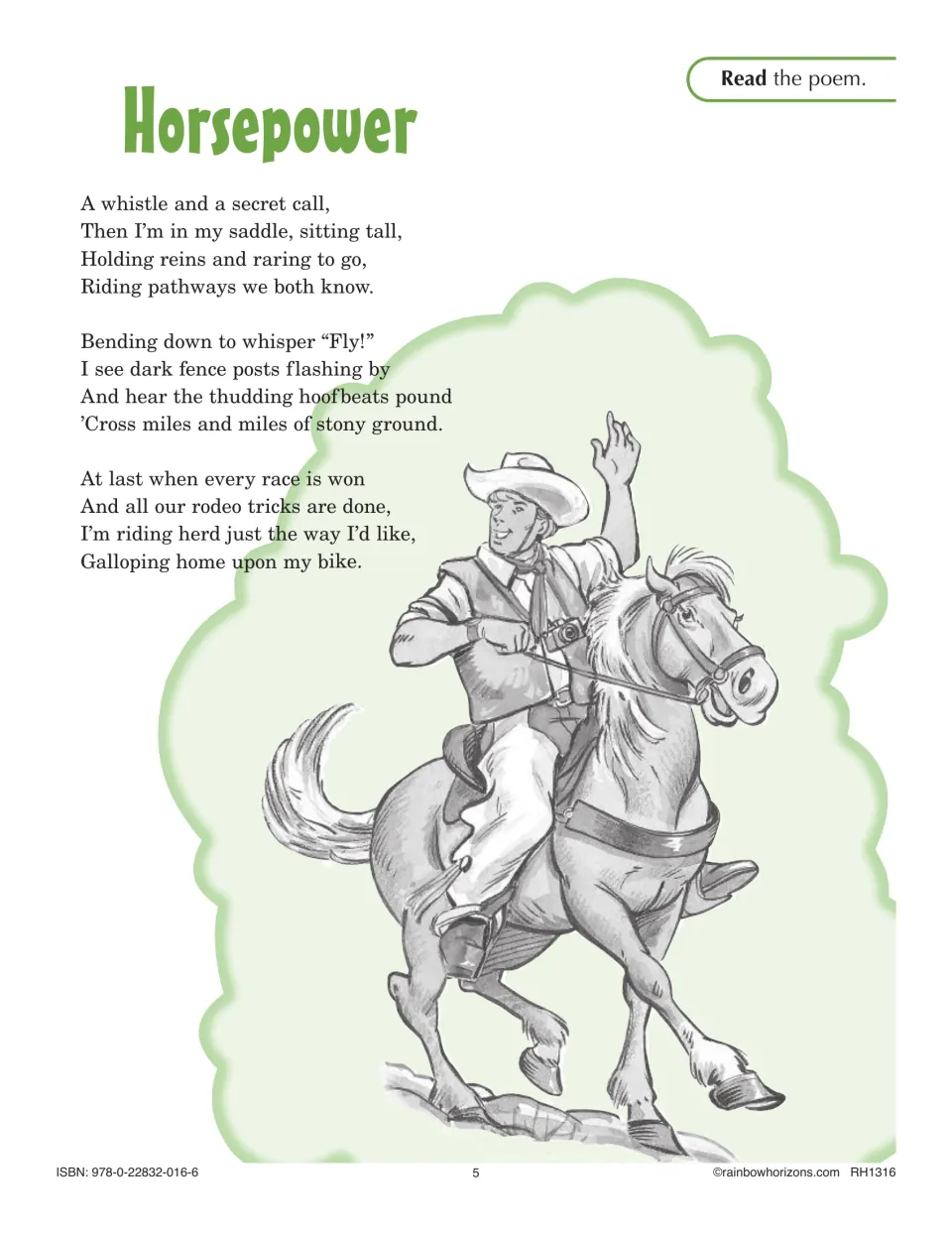 Horsepower poem: students read three verses about a rider on a galloping horse who turns out to be riding a bike