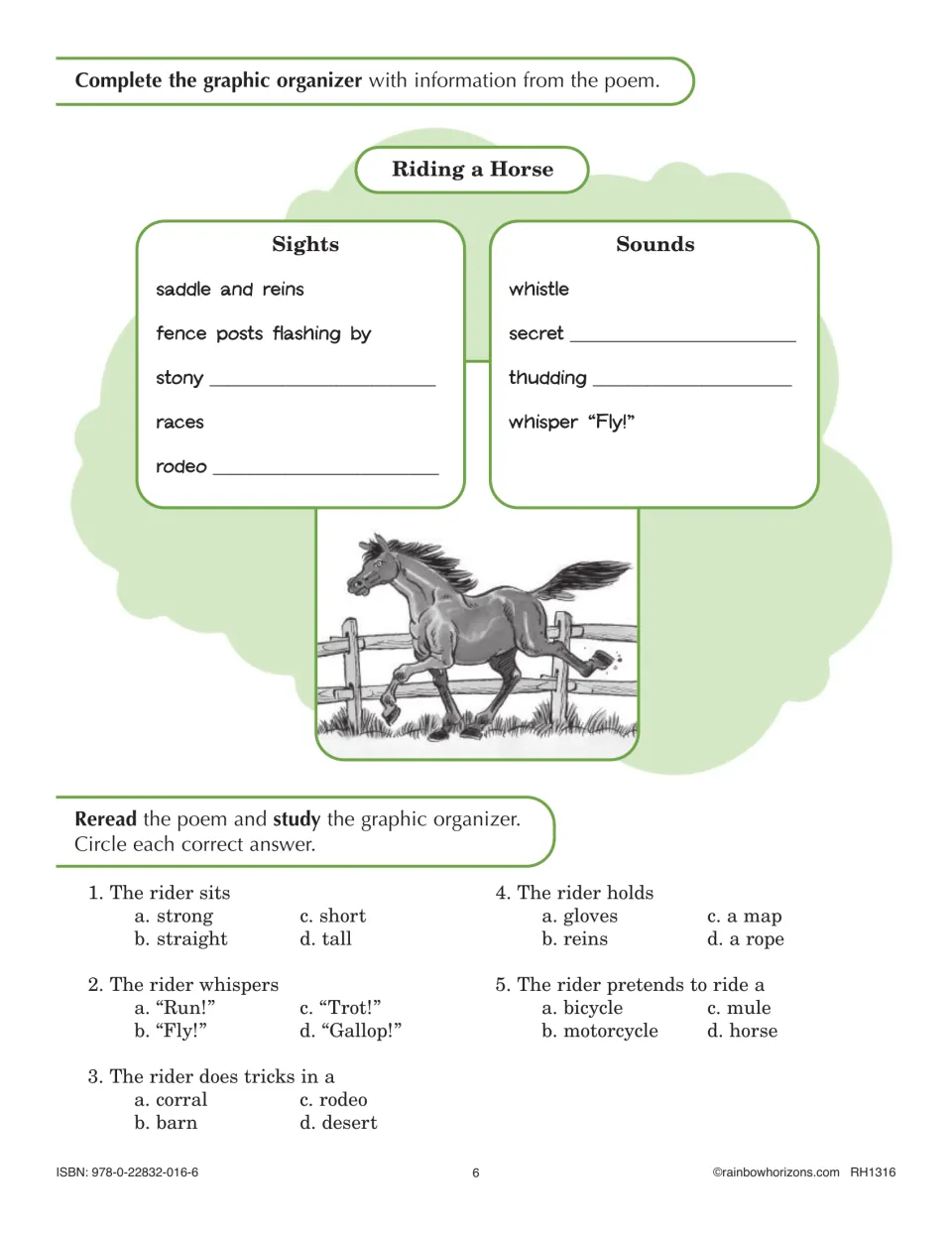 Riding a Horse sights and sounds organizer: students fill blanks from the poem, then answer 5 multiple-choice questions