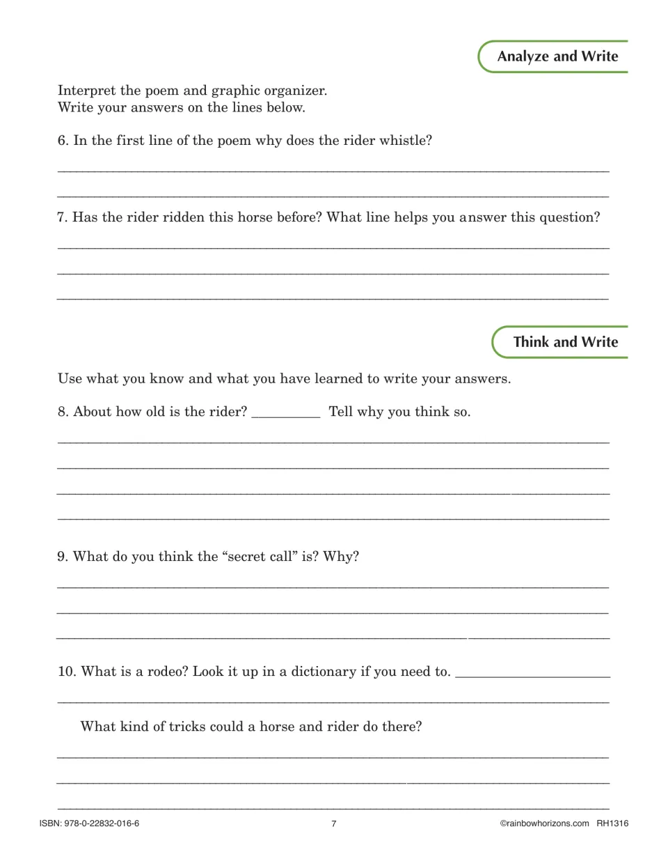 Analyze and Write and Think and Write: students explain the rider's whistle, guess the rider's age and define a rodeo