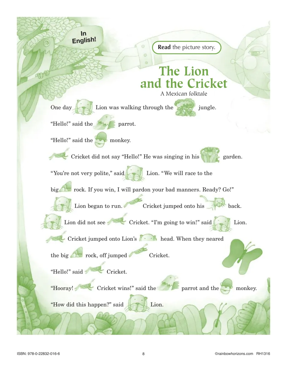 The Lion and the Cricket rebus story in English: students read a Mexican folktale where Cricket rides Lion to win a race