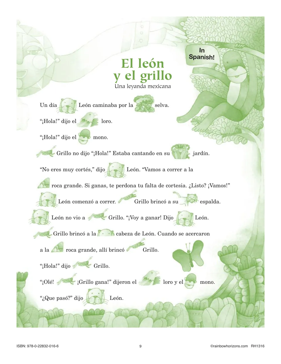 El león y el grillo: students read the same folktale in Spanish as a rebus, with León, Grillo, loro and mono