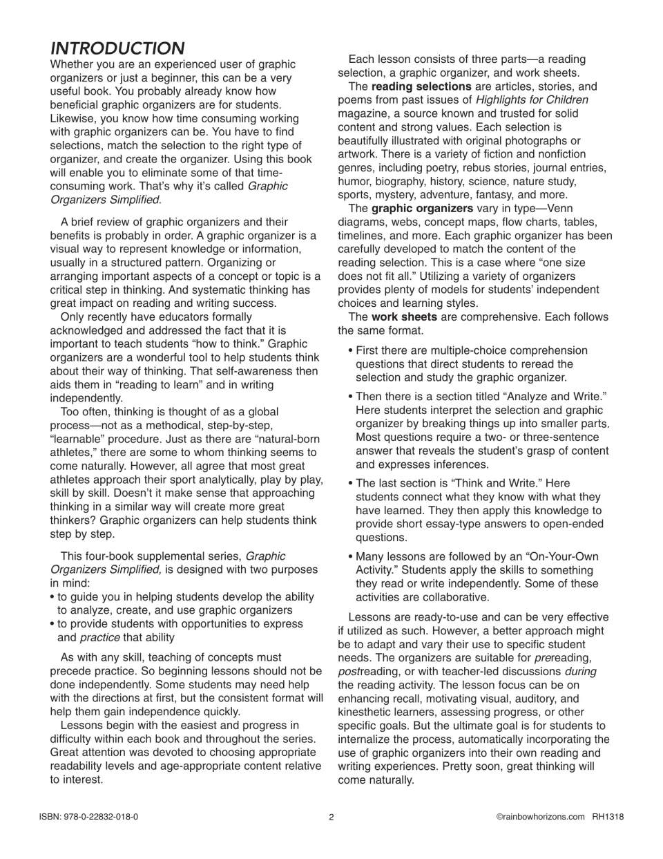 Introduction explaining each lesson's reading selection, graphic organizer and work sheets, with Analyze and Think and Write