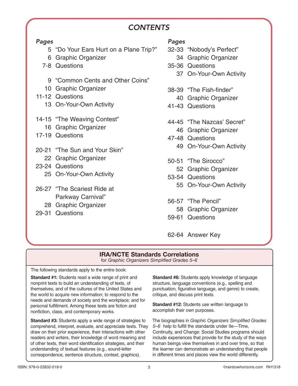 Contents listing ten readings such as The Sirocco and The Pencil, plus IRA/NCTE standards correlations for the whole book