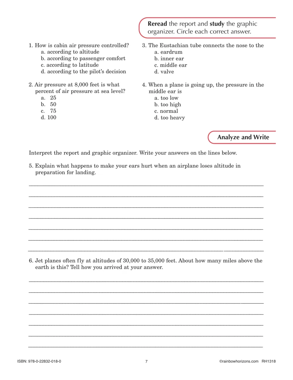 Ear-pain report questions: four multiple-choice items, then Analyze and Write on landing and converting feet to miles