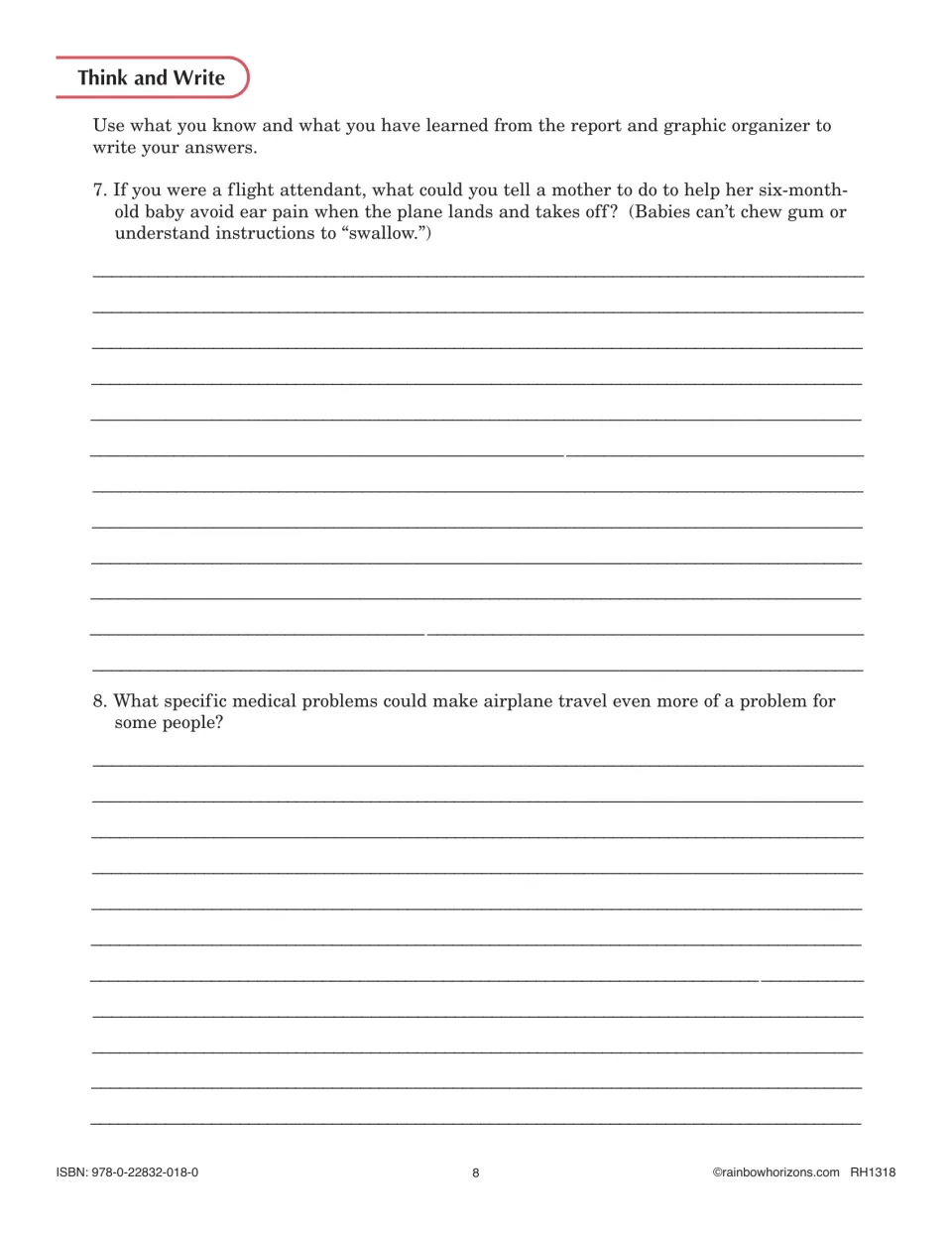 Think and Write: students advise a mother on easing a baby's ear pain and name medical problems that worsen air travel