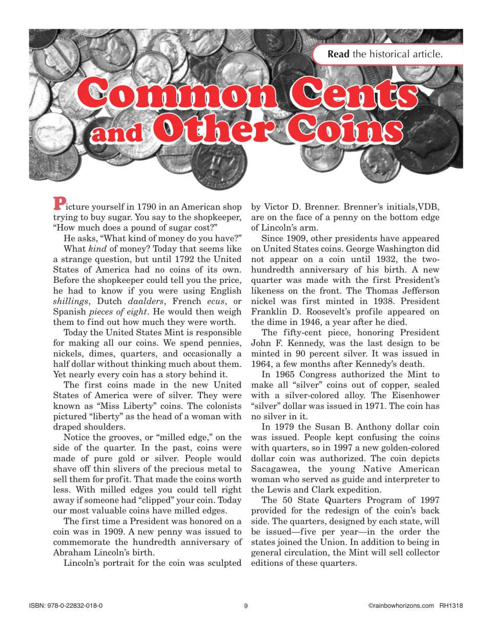 Historical article Common Cents and Other Coins traces U.S. coins from 1790 to the 50 State Quarters Program