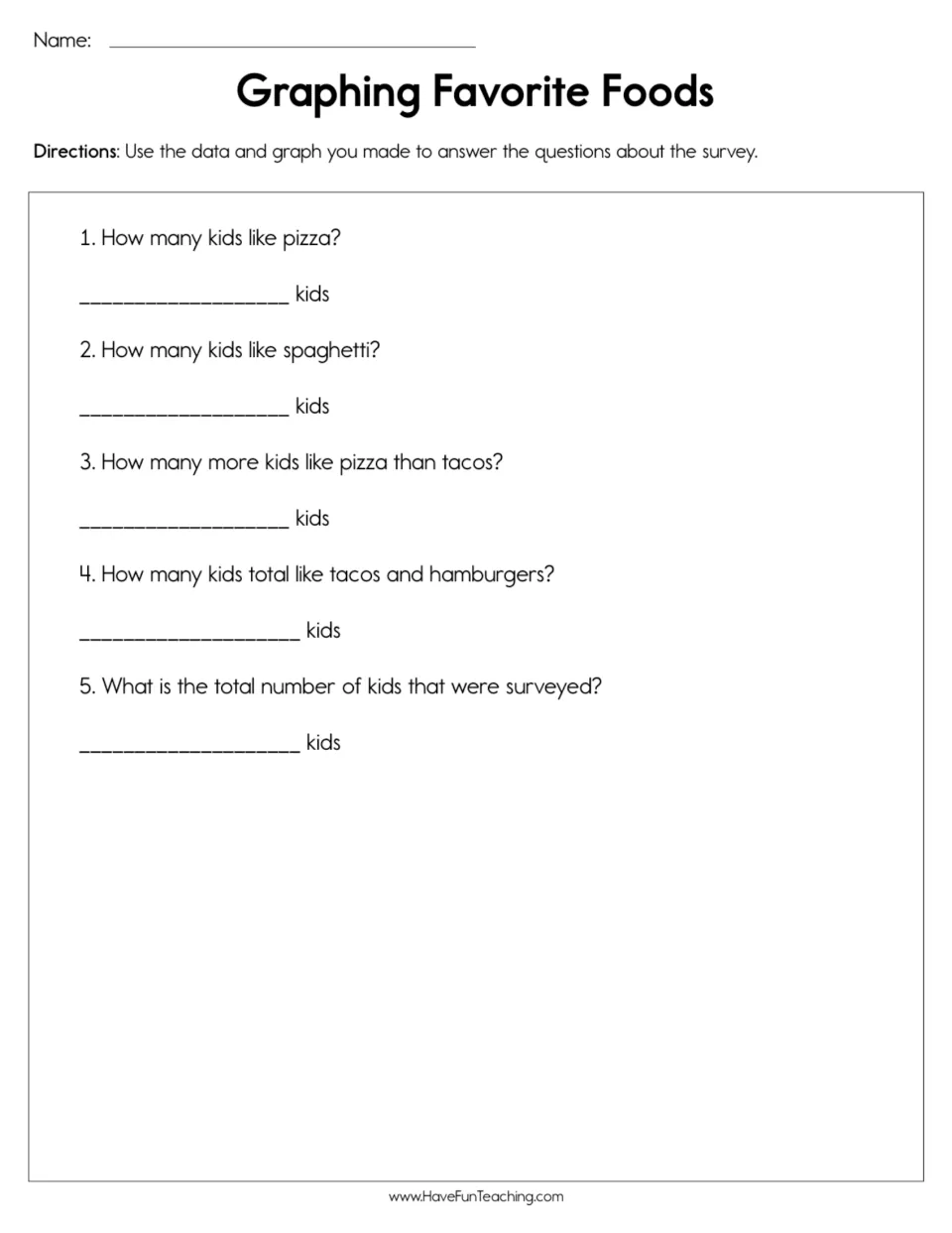 Survey question page: five questions cover food counts, the pizza–taco difference, and the total surveyed