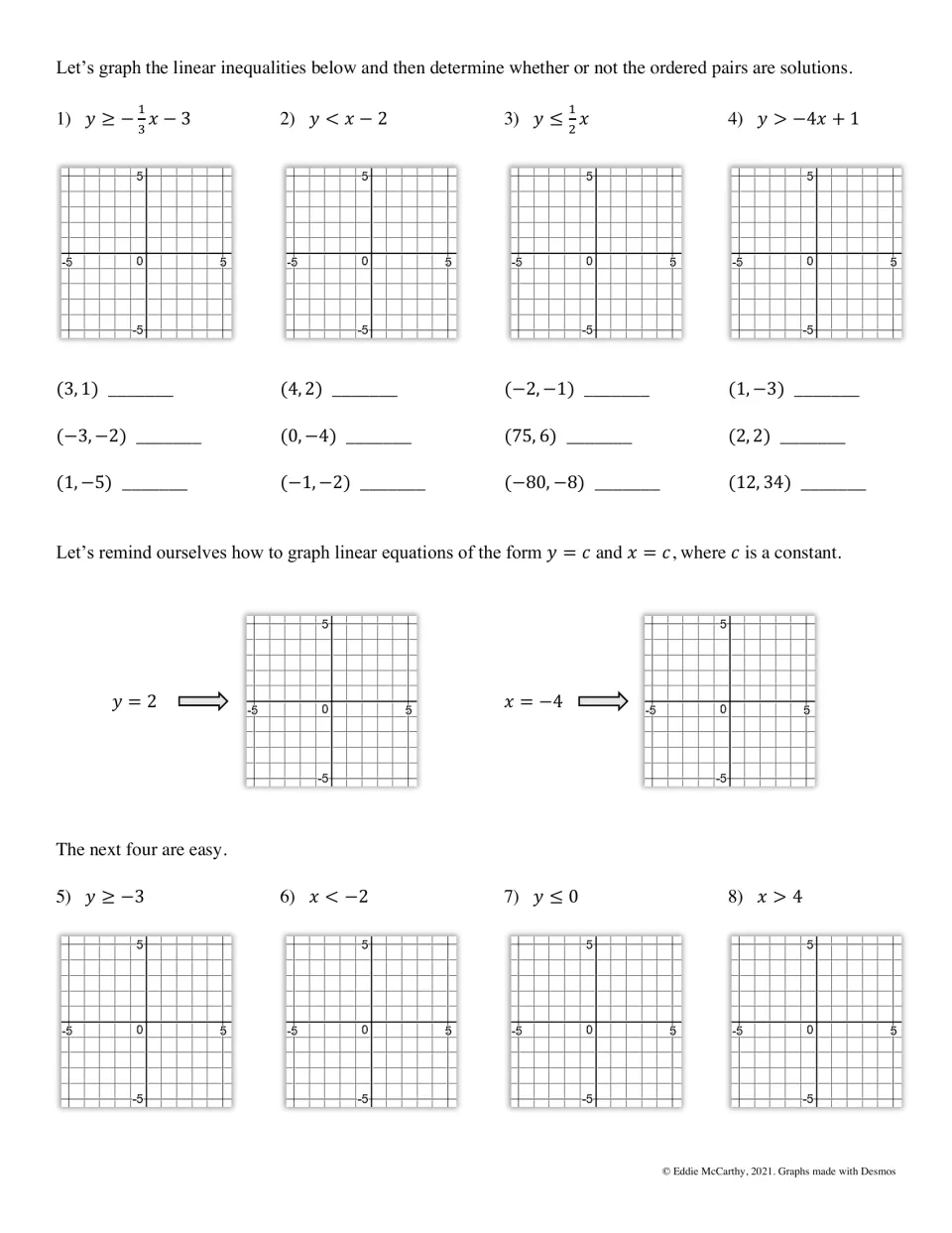 Inequality graphing practice: students graph 8 inequalities, test ordered pairs and review lines y = c and x = c