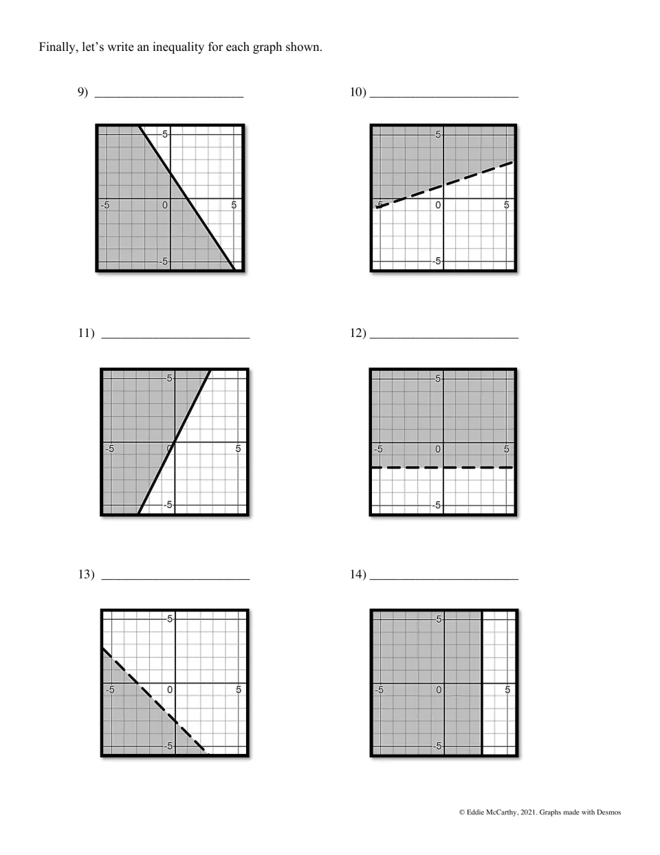Writing inequalities from graphs: students write an inequality for each of six shaded graphs with dashed or solid lines