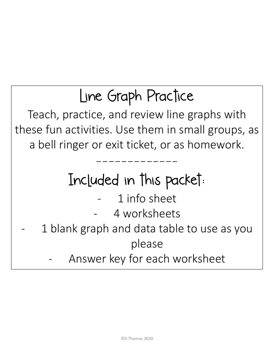 Line Graph Practice cover listing an info sheet, 4 worksheets, a blank graph and data table, and answer keys