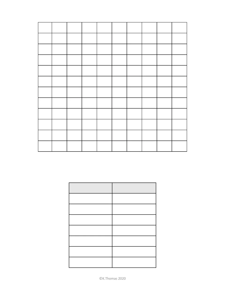Blank line graph template with an empty two-column data table for students to graph any data set