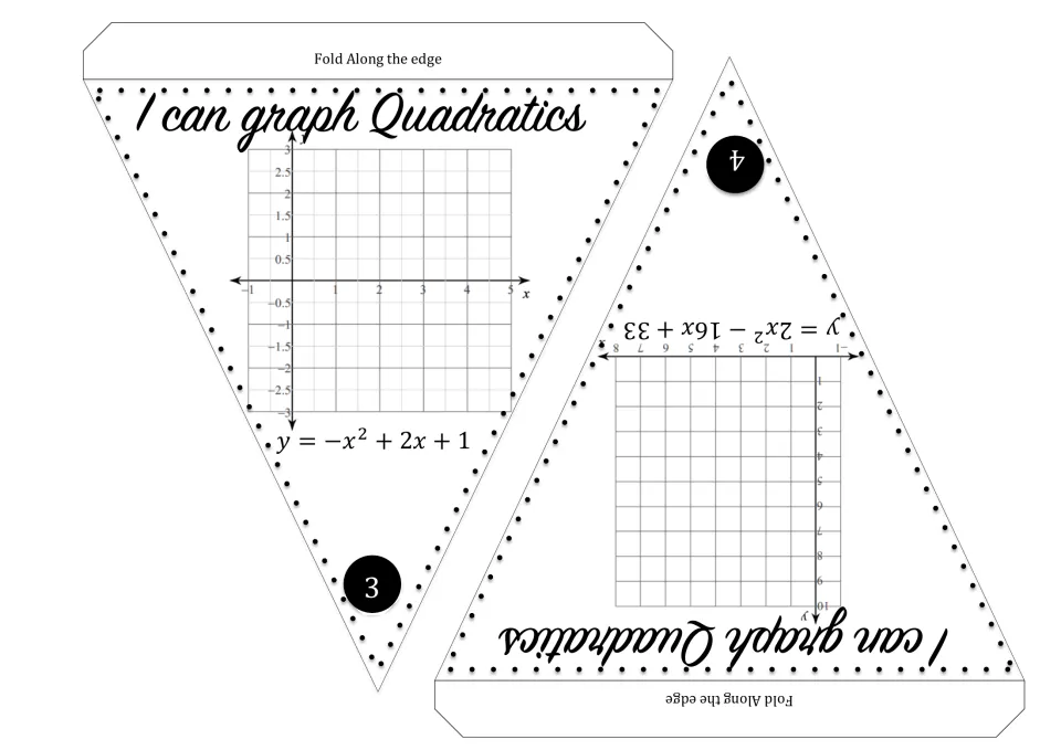 Quadratic graphing pennants 3–4: y = −x² + 2x + 1 and y = 2x² − 16x + 33 for students to graph.