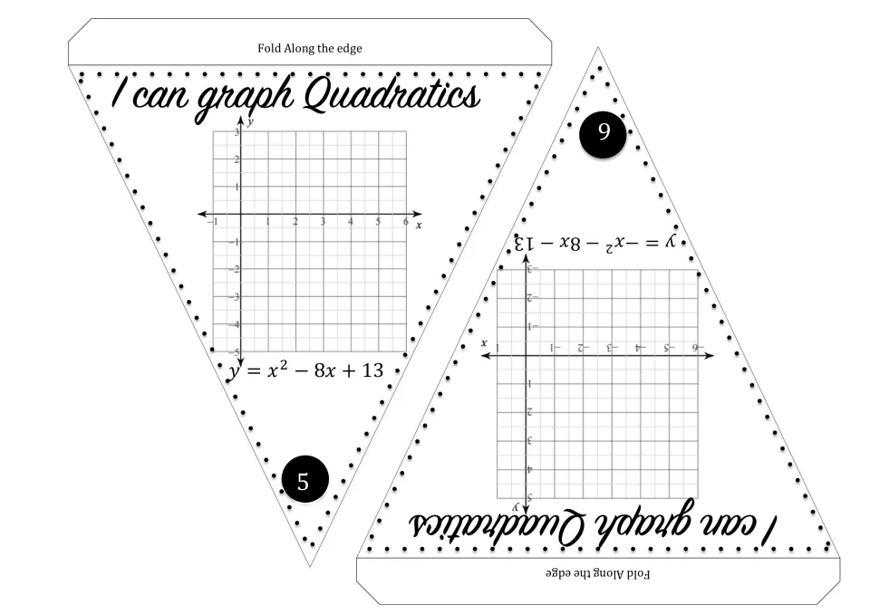 Quadratic graphing pennants 5–6: y = x² − 8x + 13 and y = −x² − 8x − 13 for students to graph.