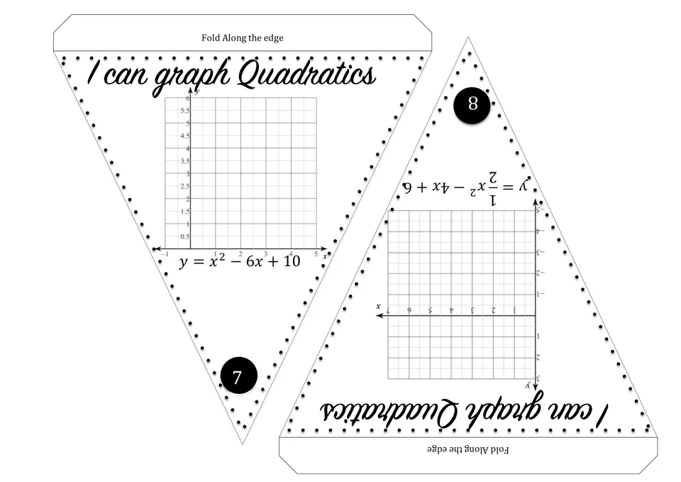 Quadratic graphing pennants 7–8: y = x² − 6x + 10 and y = ½x² − 4x + 6 for students to graph.
