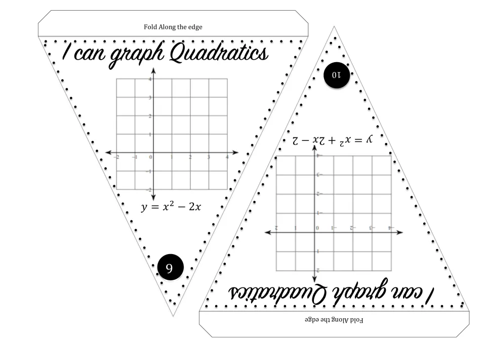 Quadratic graphing pennants 9–10: y = x² − 2x and y = x² + 2x − 2 for students to graph.