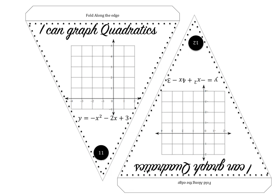 Quadratic graphing pennants 11–12: y = −x² − 2x + 3 and y = −x² + 4x − 3 for students to graph.